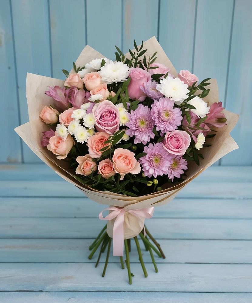 Букет цветов из: Хризантемы, Розы и Альстромерии в Фазанном