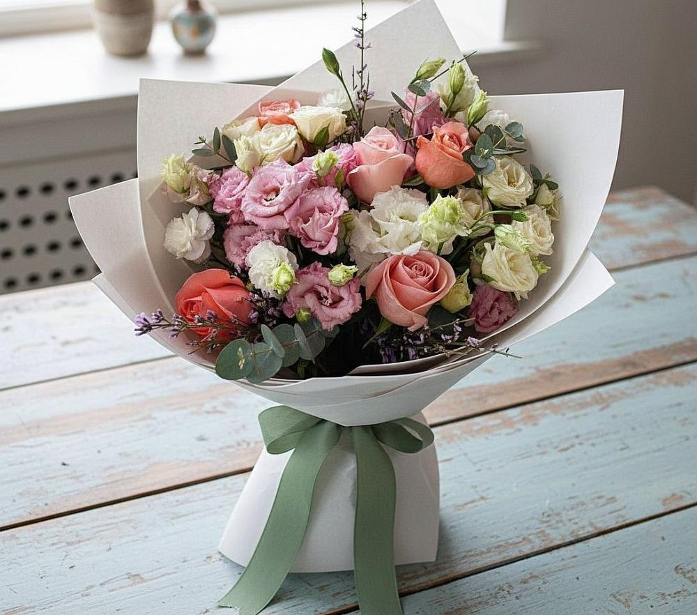 Букет цветов из: Розы, Лизиантусы и Гвоздики в Фазанном