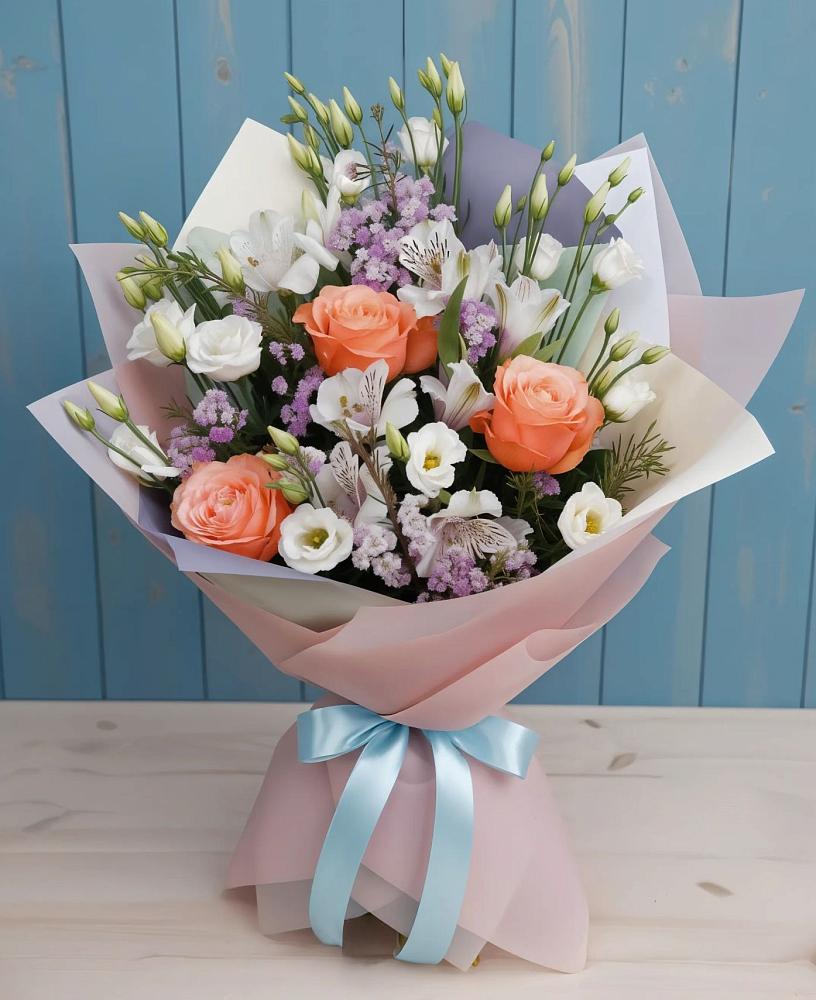 Букет цветов из: Лизиантусы, Розы, Альстромерии и Гипсофила в Фазанном