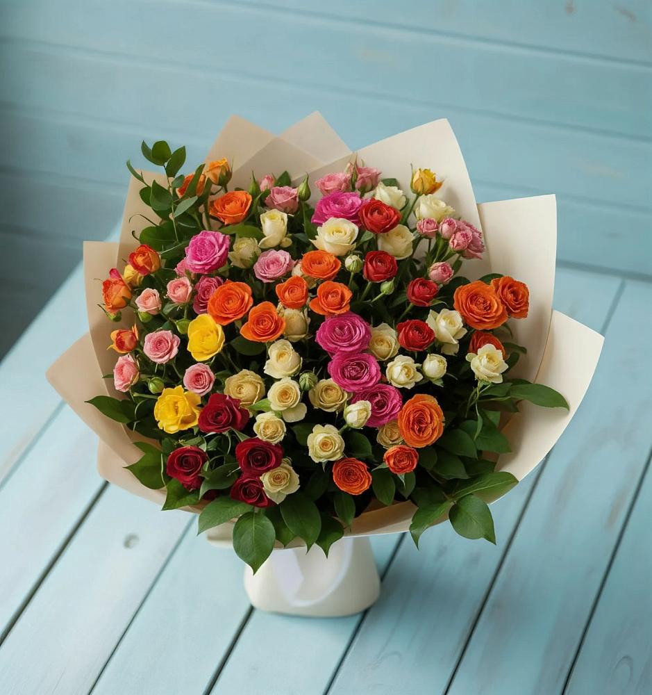 Букет Микс из разноцветных кустовых роз в Фазанном