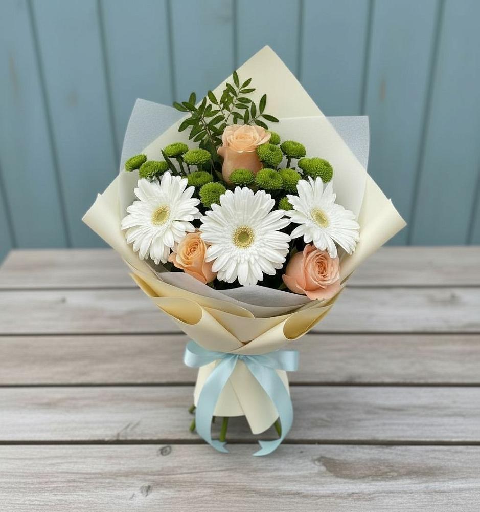 Букет цветов из: Герберы, Розы и Хризантемы в Фазанном