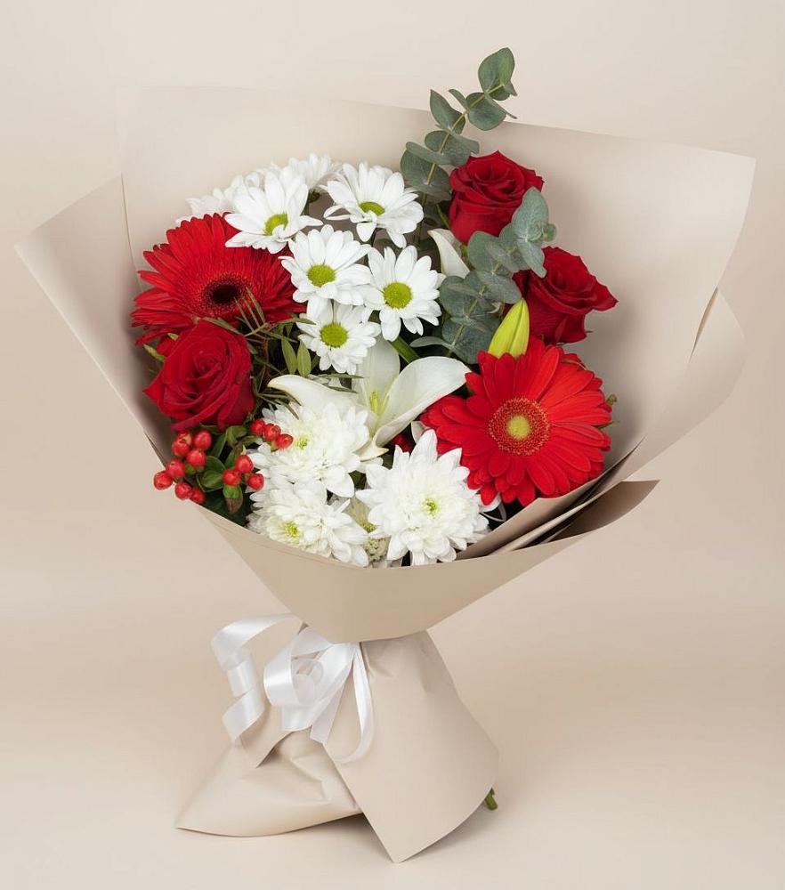 Букет цветов из: Розы, Хризантемы, Герберы и Лилии в Фазанном