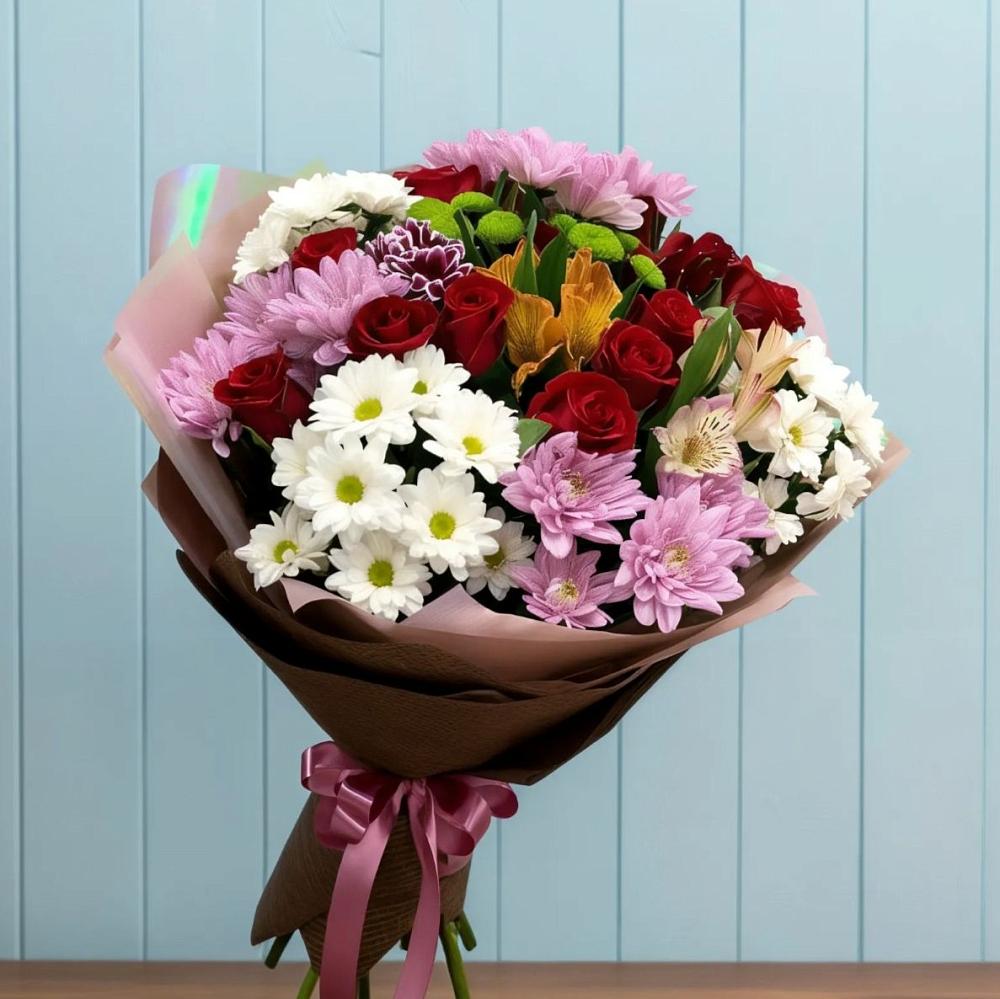 Букет цветов из: Розы, Хризантемы и Альстромерии в Фазанном