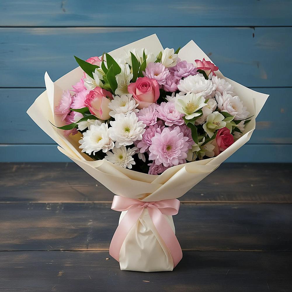 Букет цветов из: Хризантемы, Альстромерии и Розы в Фазанном